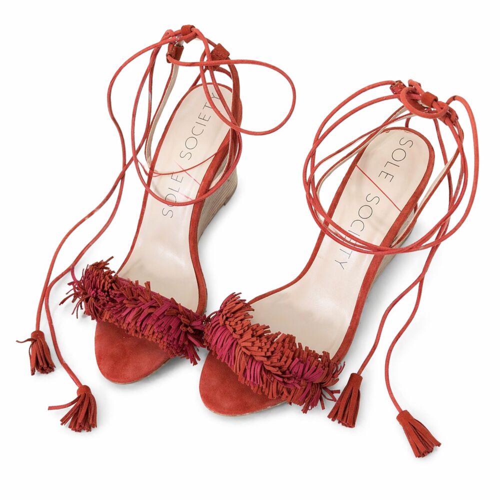 Sole Society Lace Up Fringe Wedge Sandals Size 8.5 Boho Summer
